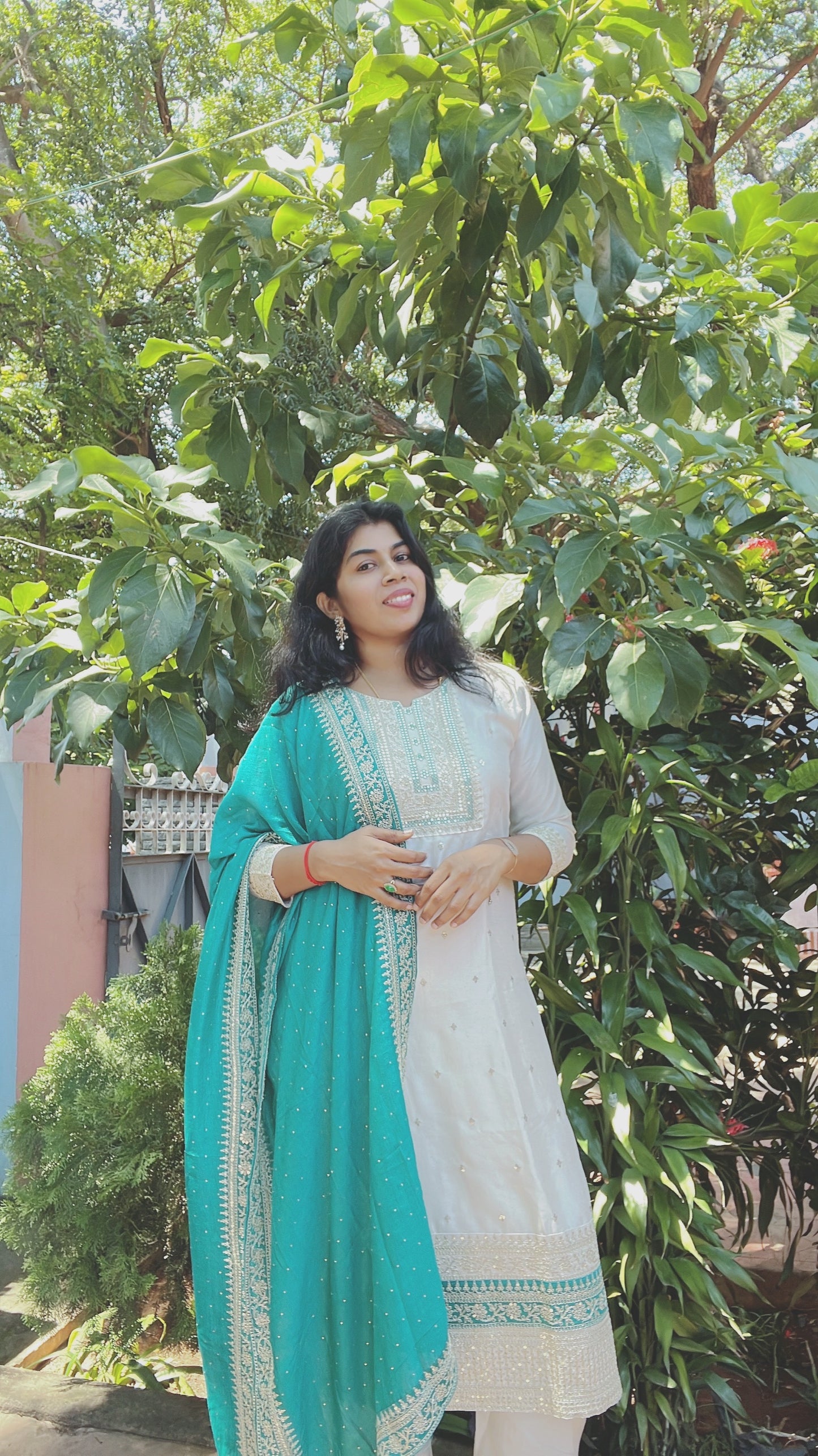 White and Teal Blue Silk Suit Set
