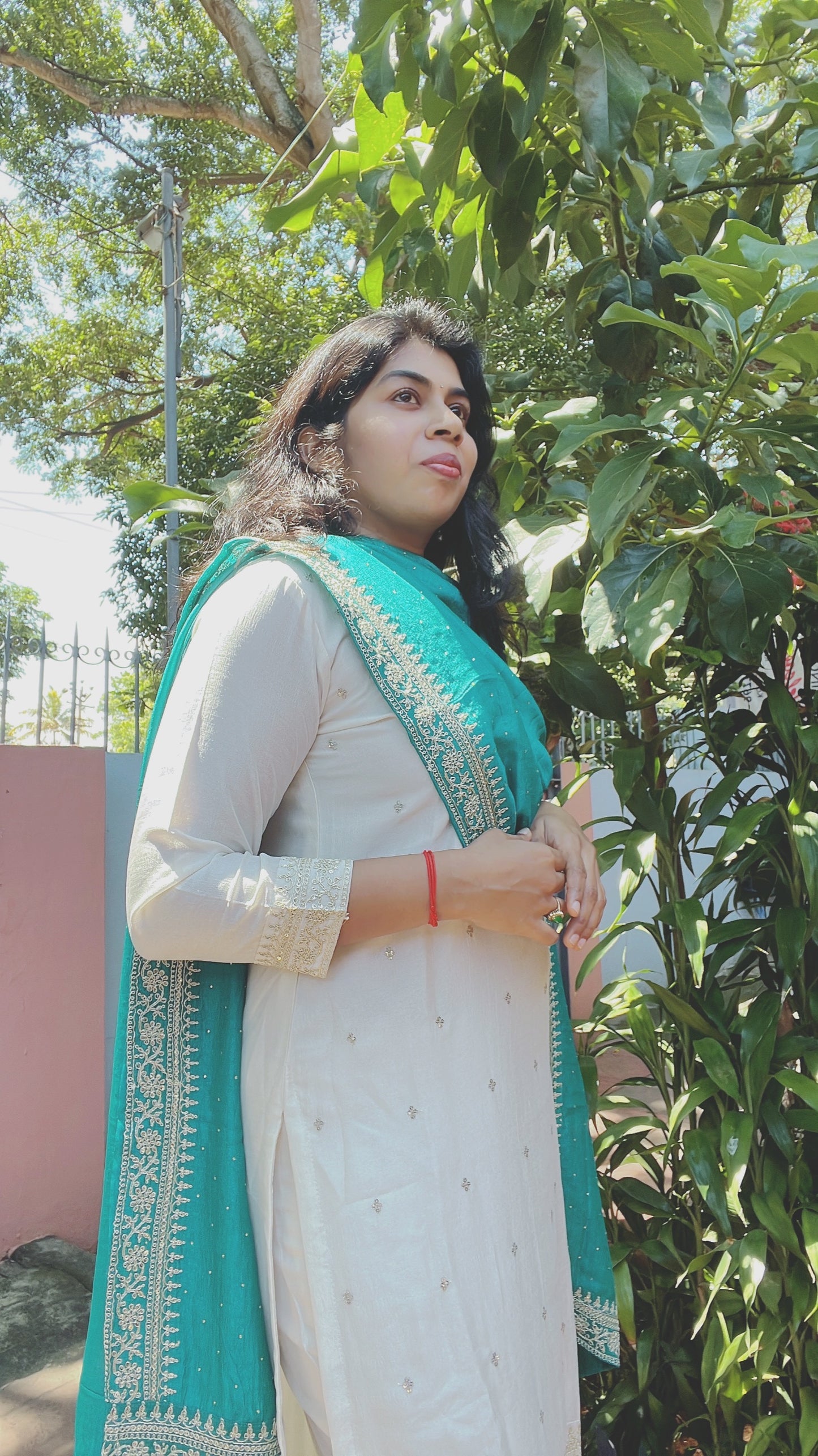 White and Teal Blue Silk Suit Set