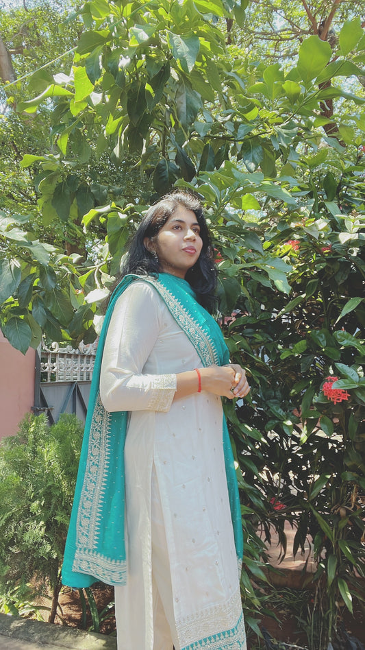 White and Teal Blue Silk Suit Set