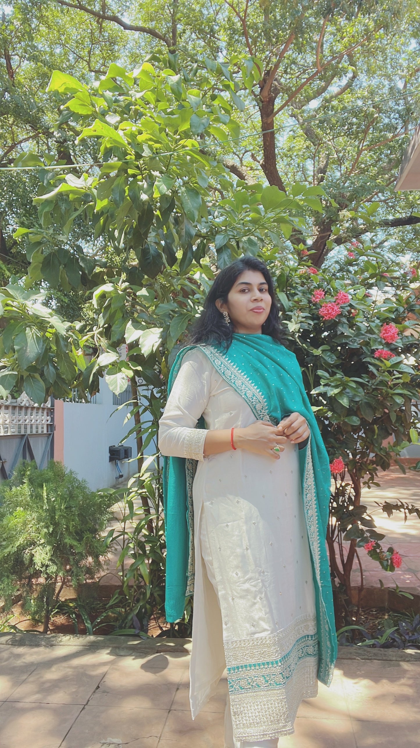 White and Teal Blue Silk Suit Set