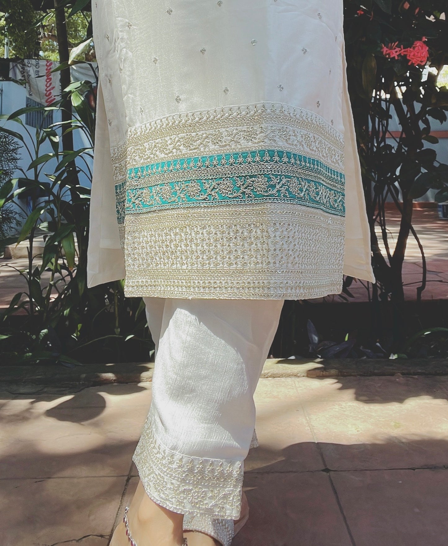 White and Teal Blue Silk Suit Set