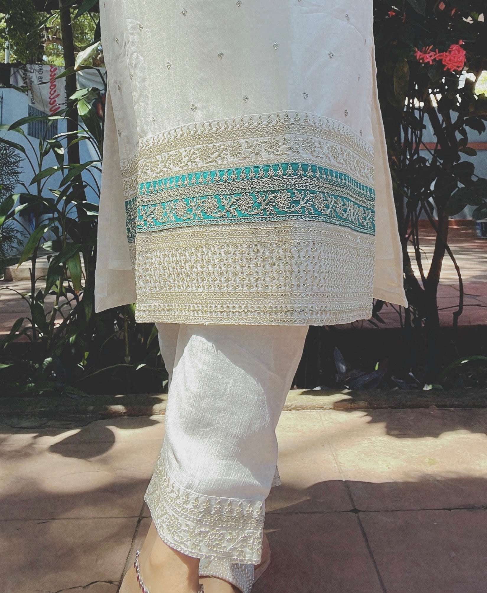 White and Teal Blue Silk Suit Set