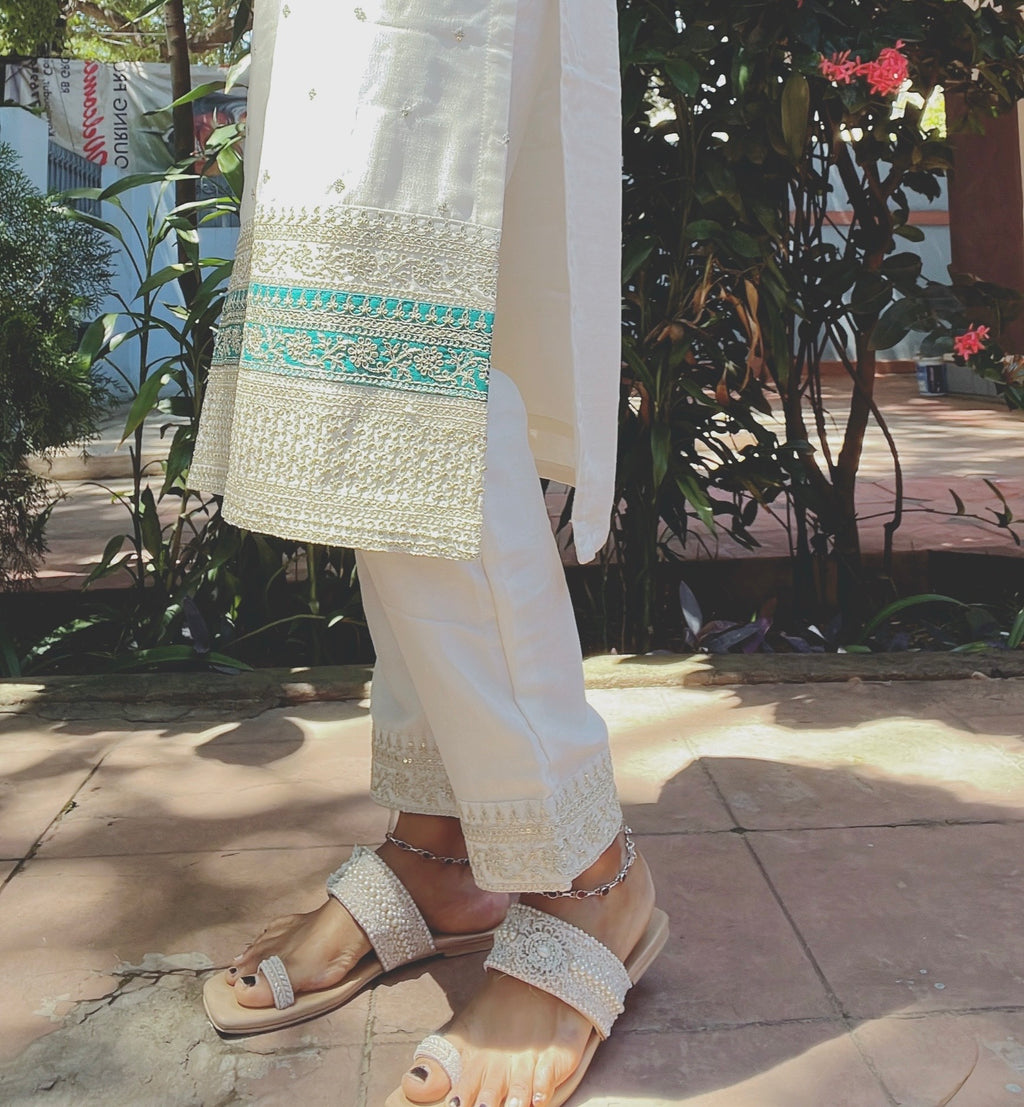 White and Teal Blue Silk Suit Set