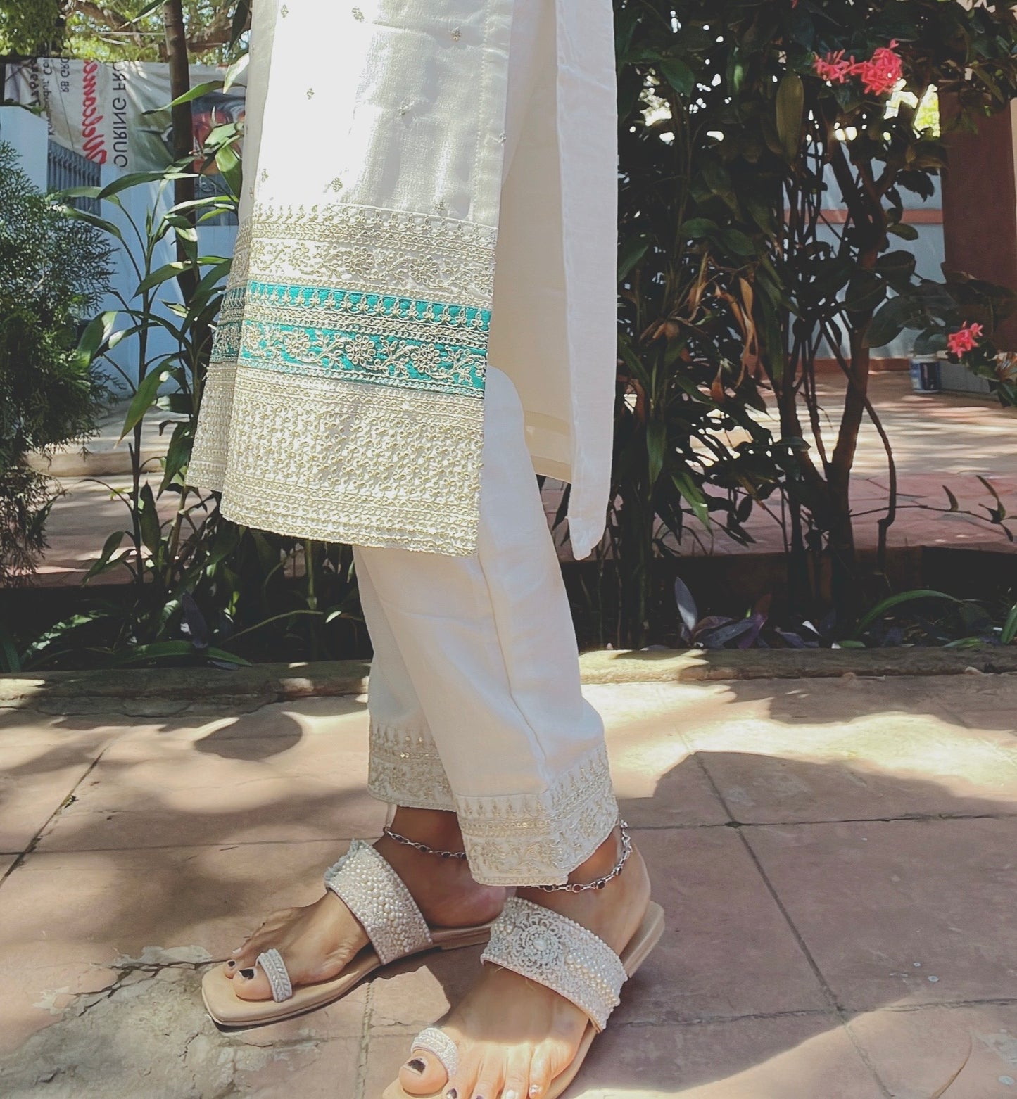White and Teal Blue Silk Suit Set