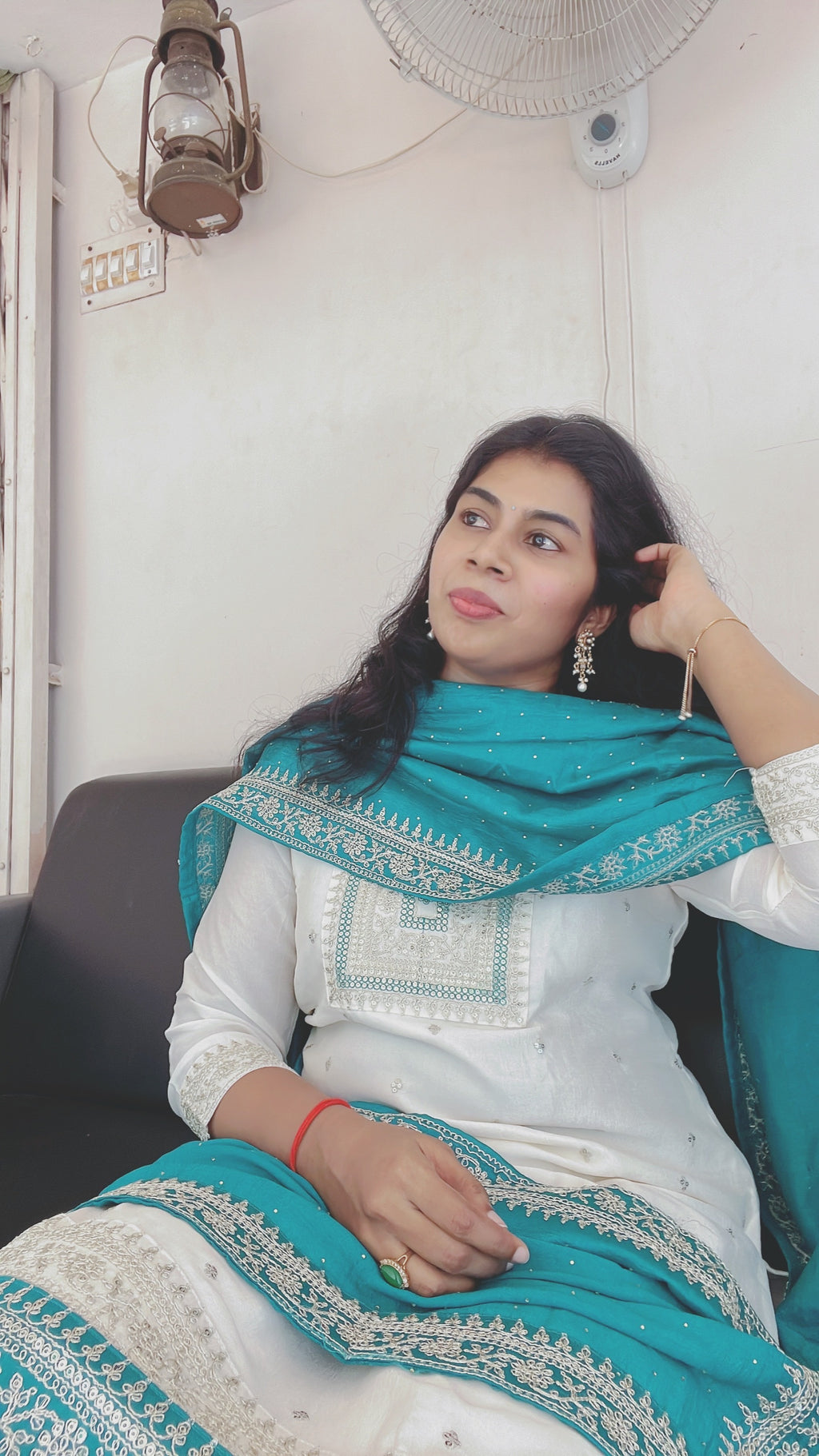 White and Teal Blue Silk Suit Set