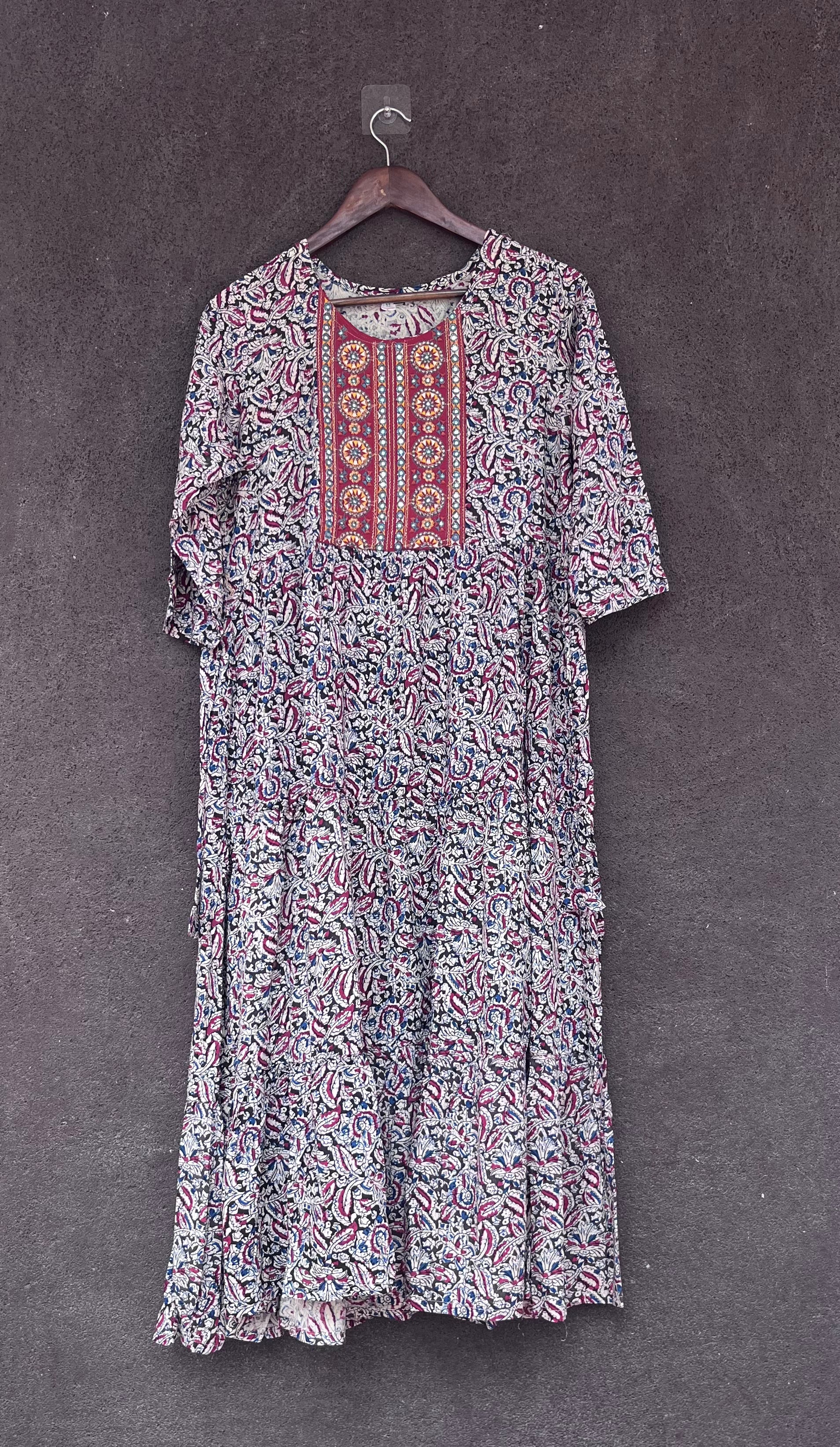 Umbrella kurti - Cream white with red patterns