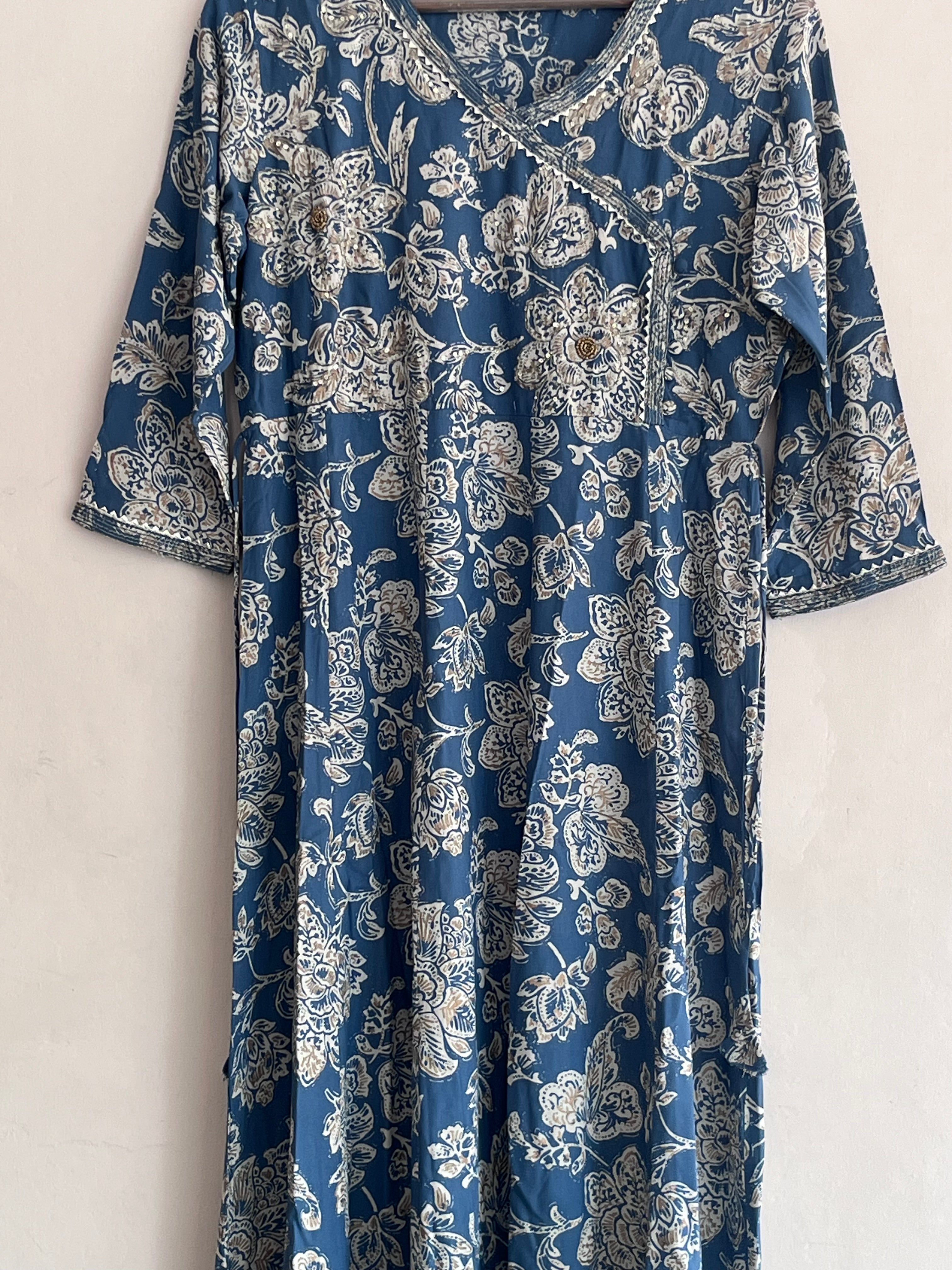 Anarkali Kurti- Floral print - Angrakha neck with work and tassels