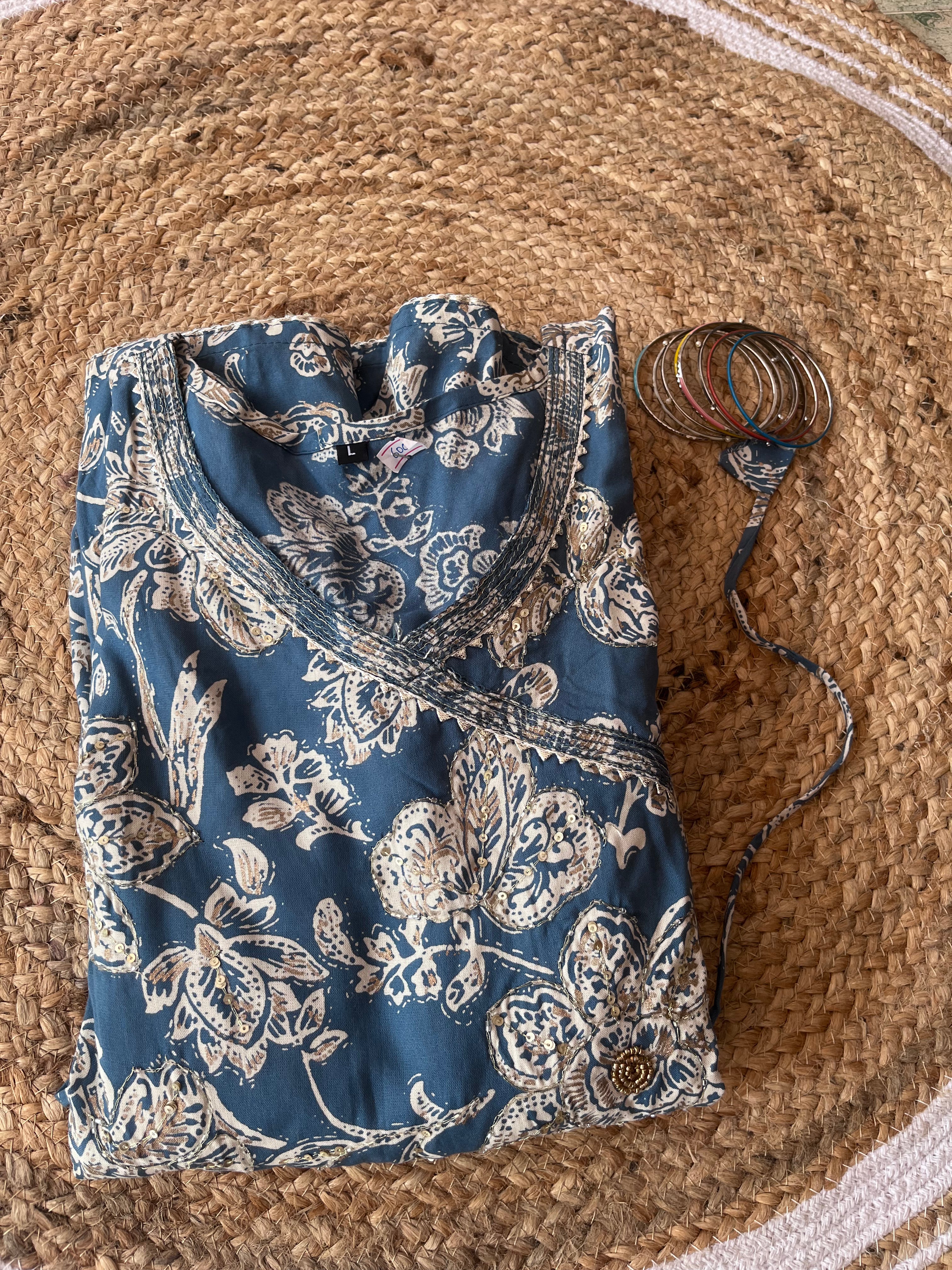 Anarkali Kurti- Floral print - Angrakha neck with work and tassels