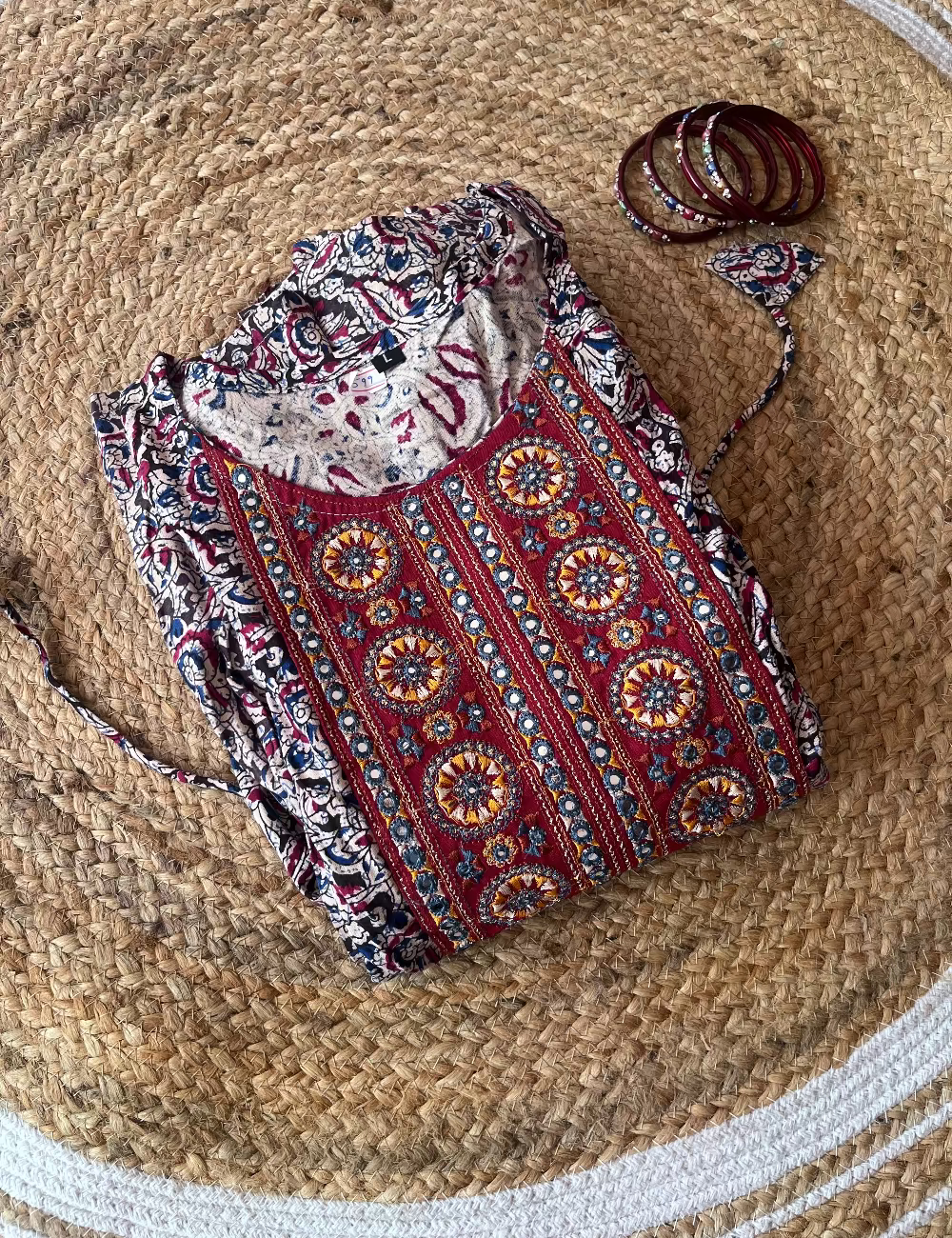 Half White With Red Yoke Work Cotton Umbrella Kurti