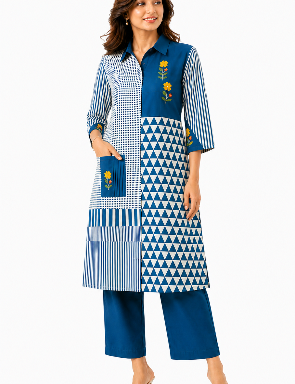 Blue Embroidered Cotton Co Ord Set