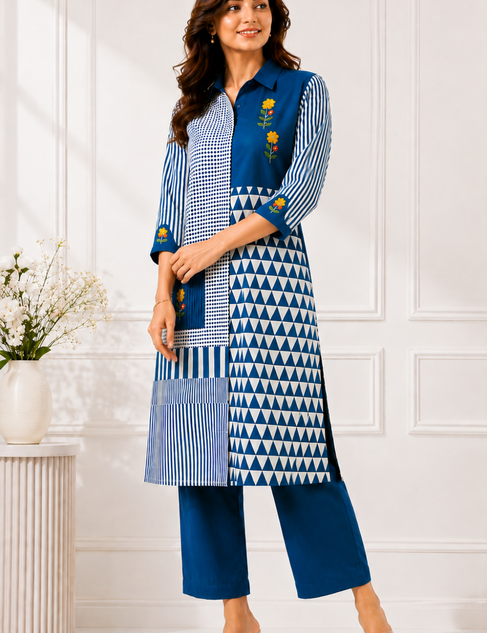 Blue Embroidered Cotton Co Ord Set