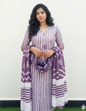 Batik Print Lavender Mirror Work Suit Set