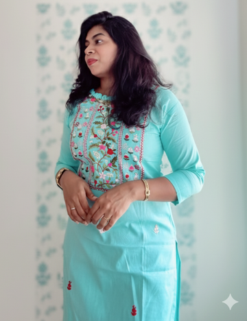 Light Blue Hand Embroidered Mul Cotton Kurti