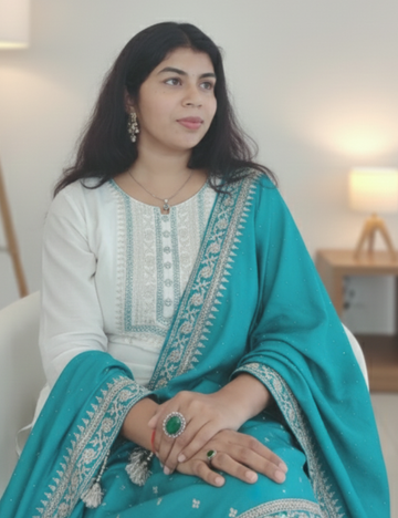 White and Teal Blue Chamki Work Silk Suit Set