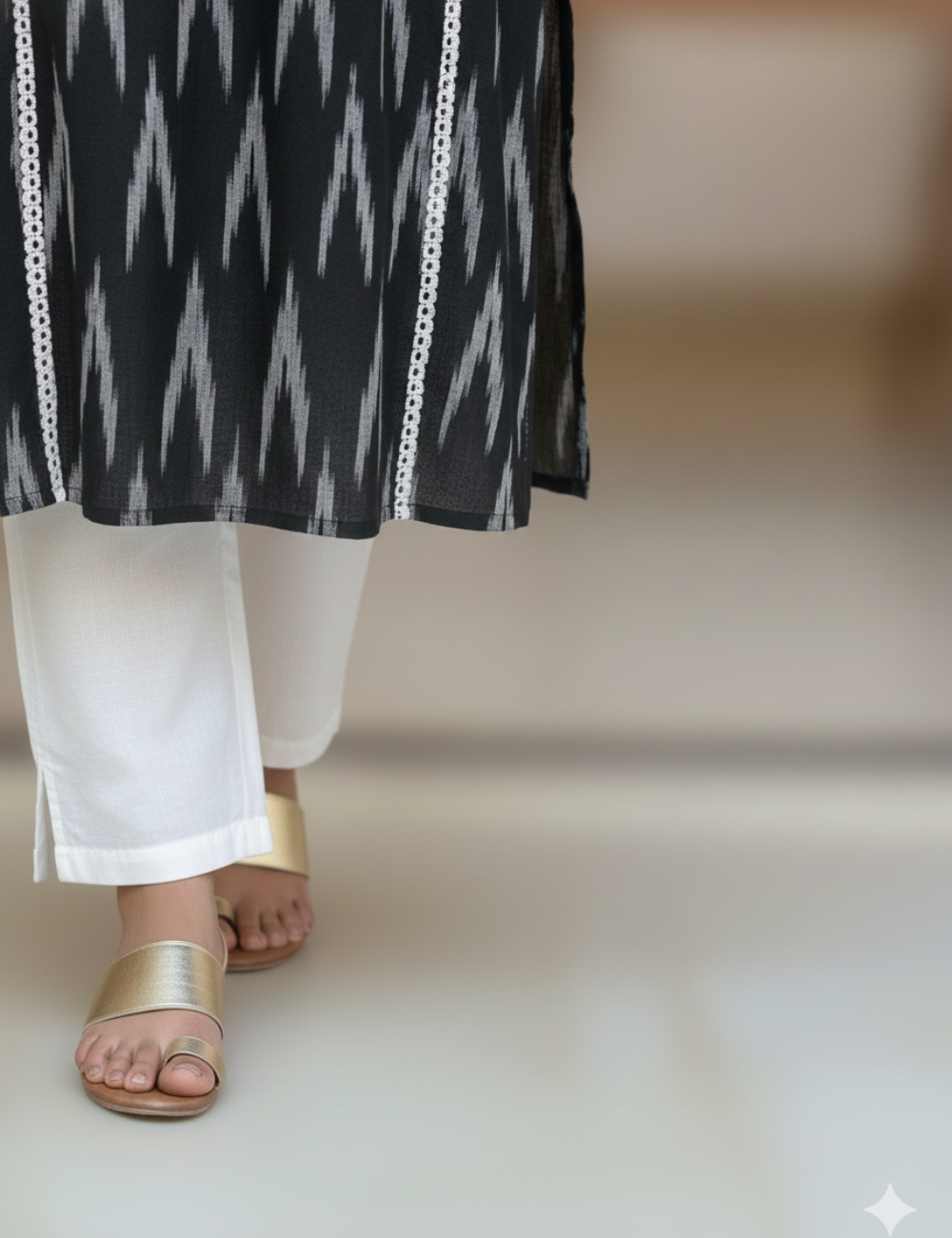 Ikkat Cotton Black and White Plus Size 3 Piece Suit Set