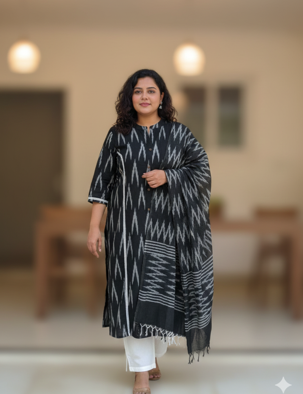 Ikkat Cotton Black and White Plus Size 3 Piece Suit Set